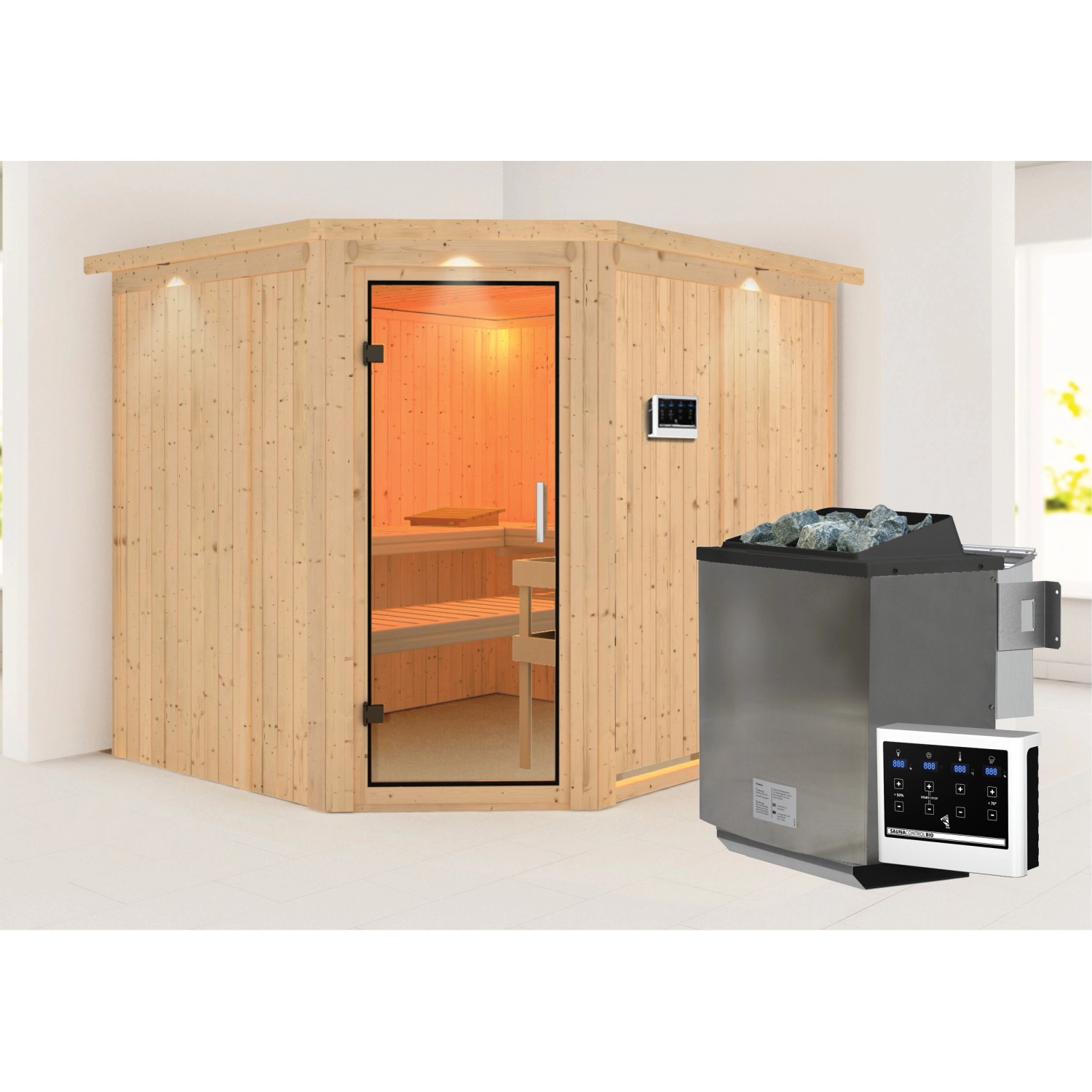 Karibu Sauna mit Bio-Ofen externe Stg.Easy LED-Dachkranz Natur