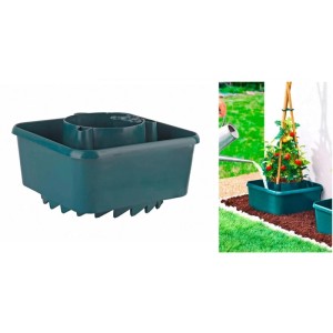 Grünes Westfalia Pflanzgefäß aus Kunststoff mit Wasserspeicher, Schneckenschutz und Rankhilfe. Ideal für Tomaten im Garten.