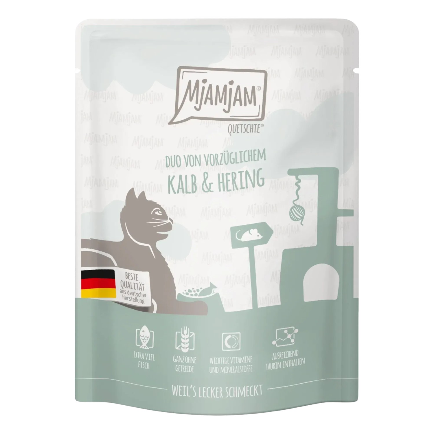 Mjamjam Katzen-Nassfutter Quetschie Duo von Vorzüglichem Kalb & Hering 300 g