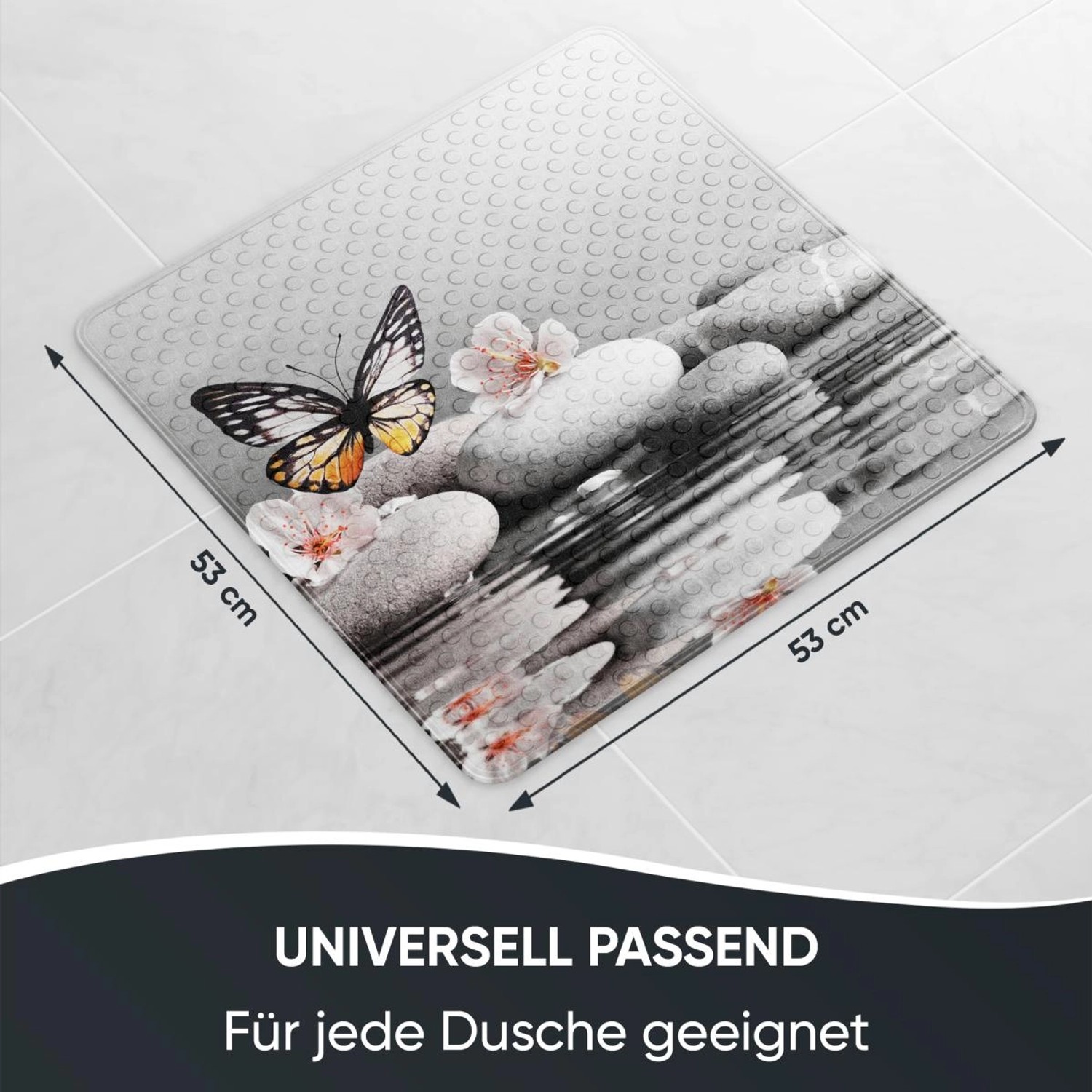 SANILO Badematte Vanesa mit Schmetterling und Steinen, 53x53 cm, für Badewanne & Dusche.