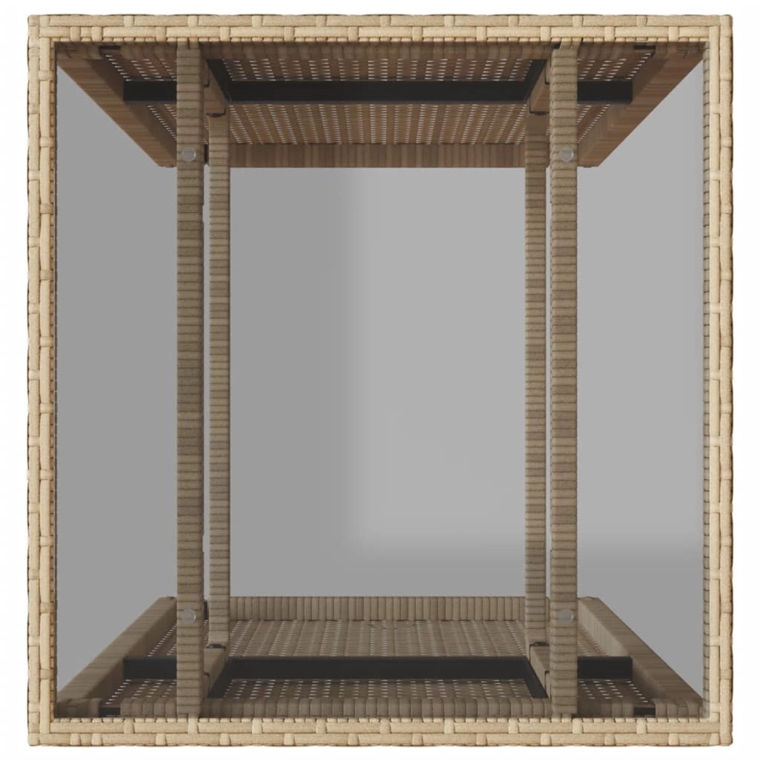 Detailansicht Tisch des 3-tlg. Bistro-Sets aus beigem Poly Rattan. Gartenmöbel mit Tischplatte aus Glas.