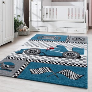 Blauer Kinderteppich mit Rennwagenmotiv, Ayyildiz Kids 460, 160x230 cm.