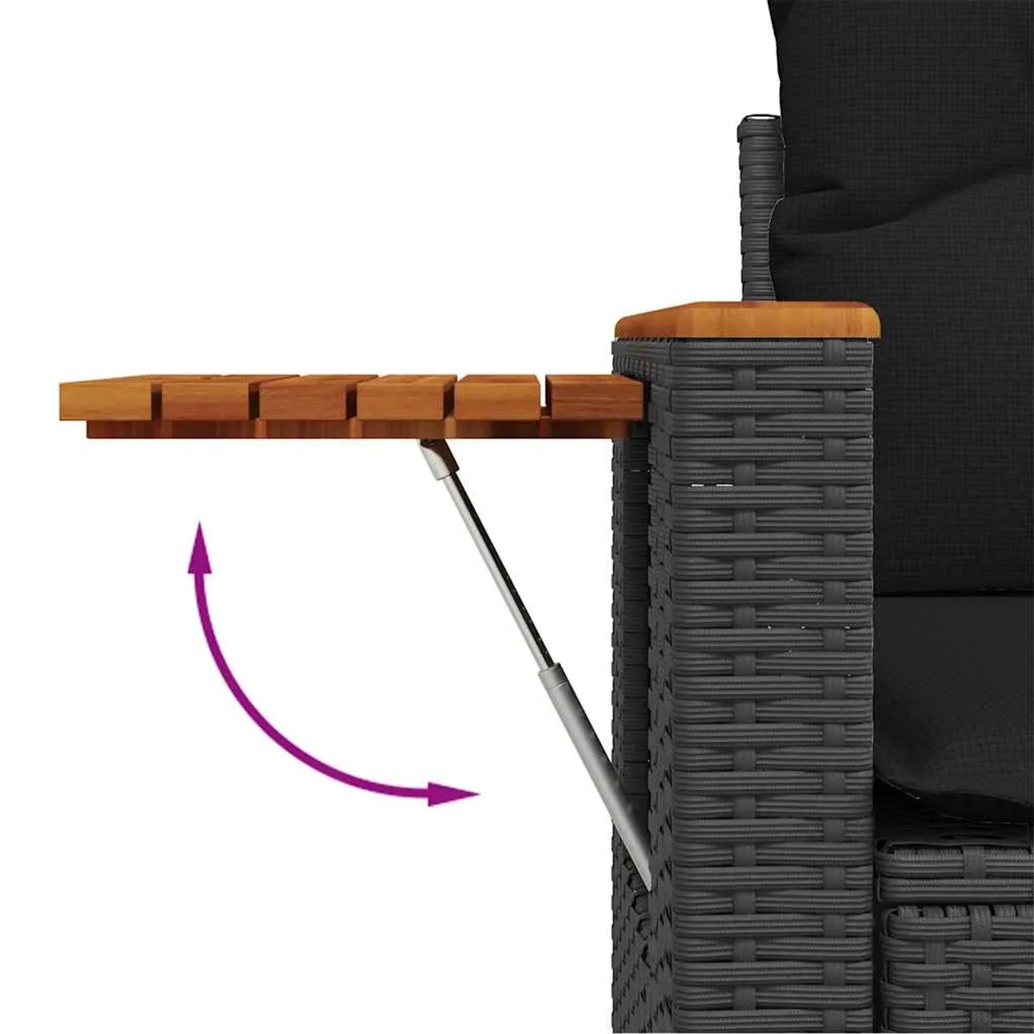 Detailaufnahme: Schwarze Rattan Garten-Sofagarnitur mit ausklappbarem Akazienholz-Tisch.