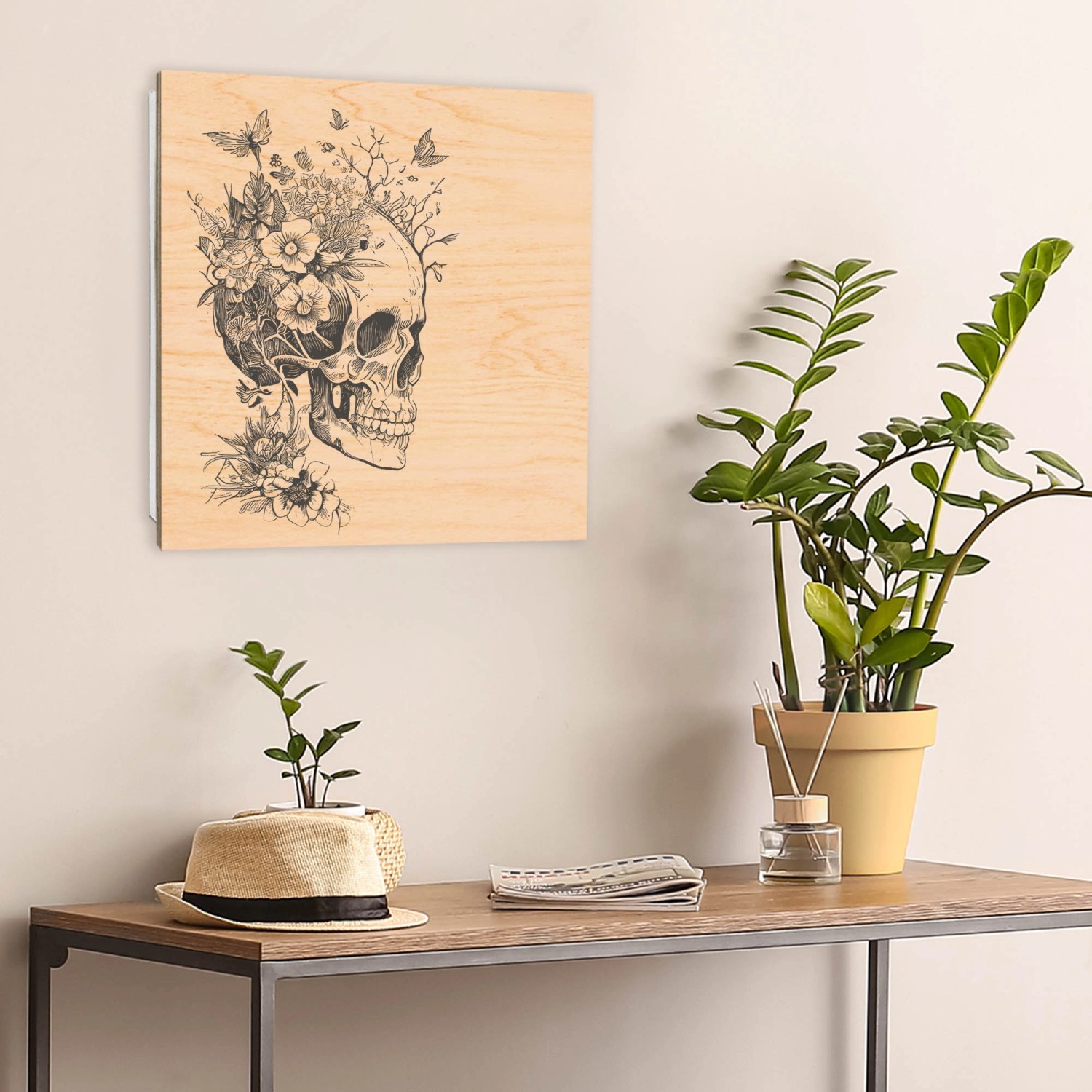 Banjado Schlüsselkasten mit Floral Skull Motiv, 30x30cm, weiße Schlüsselaufbewahrung mit 50 Haken.