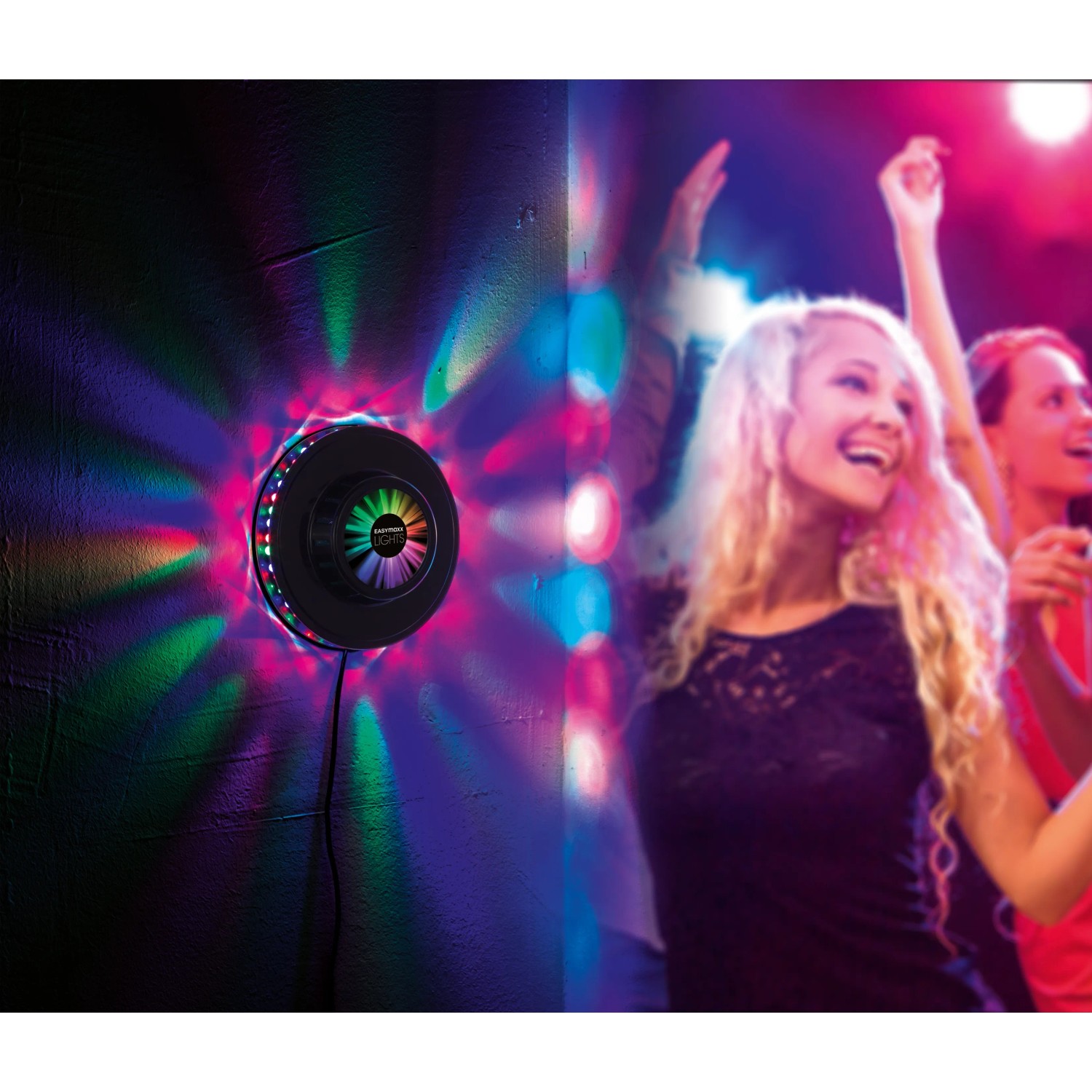 Easymaxx LED-Lichtrad Galaxy Wandlampe mit Lichteffekten und tanzenden Personen.