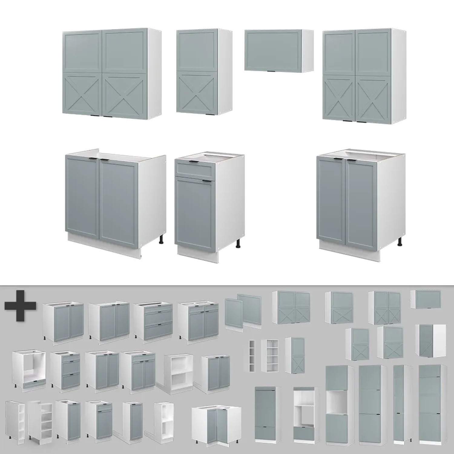 Vicco Fame-Line Küchenzeile 240 cm, hellblau-graue Fronten, anthrazitfarbene Arbeitsplatte.