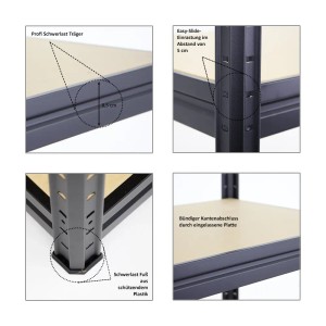 Detailansichten des schwarzen PROREGAL Schwerlastregals Dino mit MDF-Böden und Stecksystem.