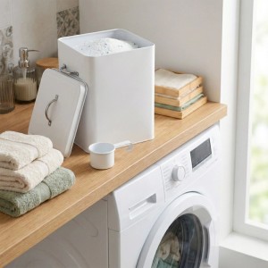 Relaxdays Waschmittelbox Metall Weiß Abnehmbarer Deckel 25,5 cm x 18 cm x 15,5 cm