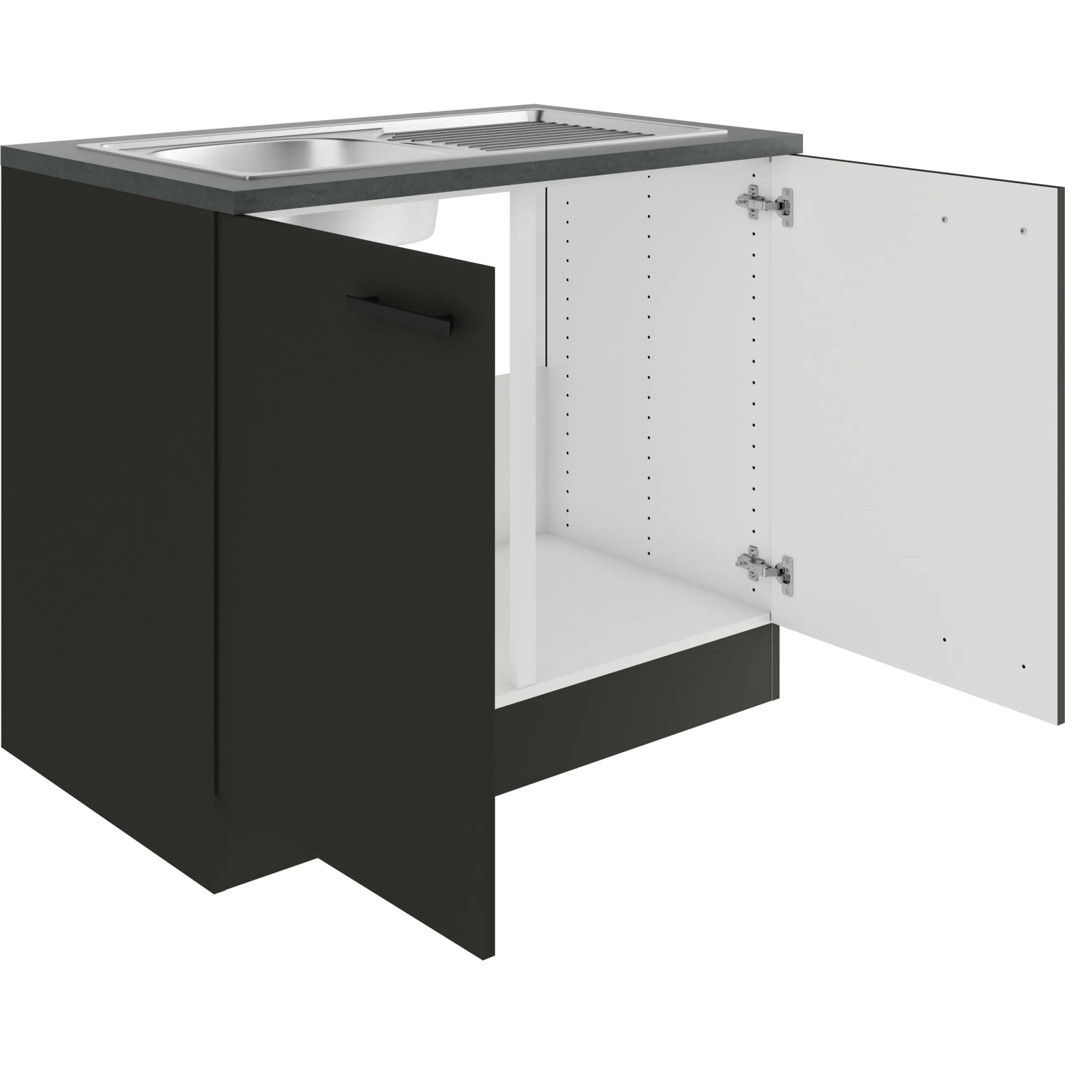 OPTIFIT Madrid420 Spülenunterschrank, 100 cm, Anthrazit Matt mit Edelstahlspüle.