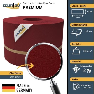 zaunzu Sichtschutz Premium Bordeauxrot, 50m Rolle für Doppelstabmattenzaun.