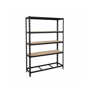 Schwarzes Stahl Reifenregal mit 3 höhenverstellbaren MDF-Ablagen für 6 Reifen. Ideal für Garage, Keller, Werkstatt.