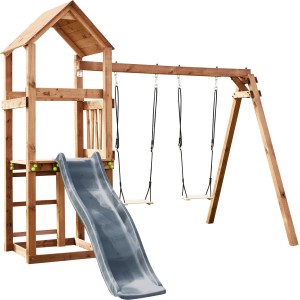 Soulet Spielturm Noumea mit Rutsche und zwei Schaukeln aus Holz, ideal für Kinder.