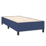 Blaues Boxspringbett 90x200 cm mit Lattenrost, ohne Matratze. Stoffbezogener Bettrahmen mit schwarzen Füßen.