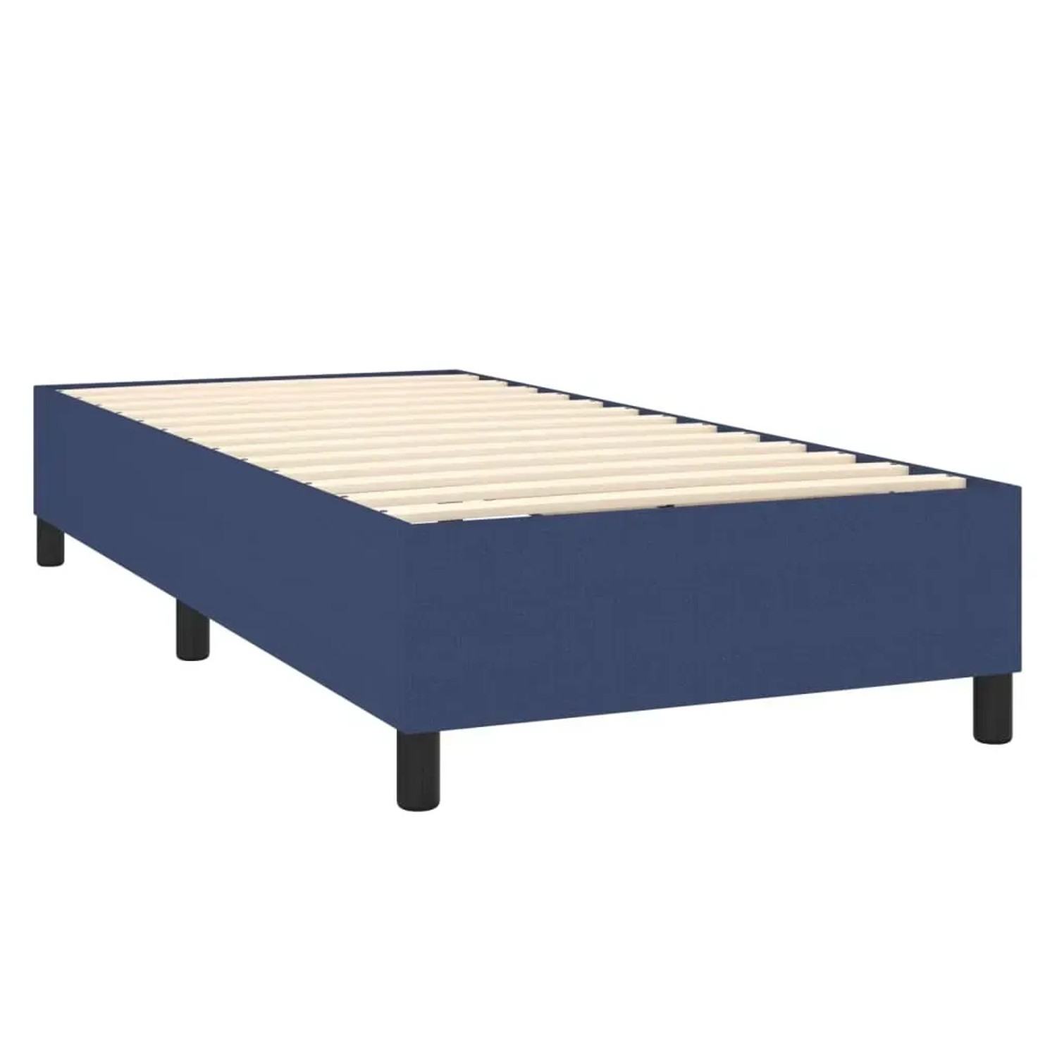 Blaues Boxspringbett 90x200 cm mit Lattenrost, ohne Matratze. Stoffbezogener Bettrahmen mit schwarzen Füßen.