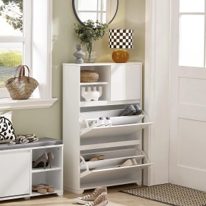 Weißer SoBuy Schuhkipper FSR111-W mit zwei Klappen und Stauraum, geeignet für Flur und Eingangsbereich.