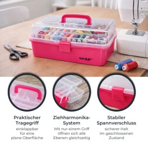 HMF STK901-03 Nähkasten Mit 3 Ebenen Sortierbox Pink 365x205x160 mm Für Nähzubehör Und Handarbeitsmaterial