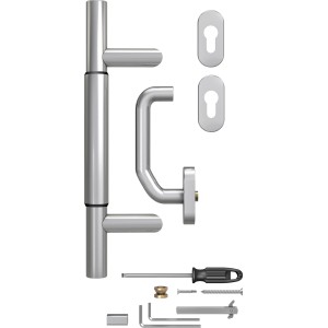 Edelstahl Stoßgriff-Set für Haustüren, variabel 300-400 mm, inkl. Befestigungsmaterial und Rosetten.