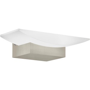 Moderne, eckige Eglo LED-Wandleuchte Metrass mit nickelmattem Metallfuß und weißem Lampenschirm.