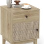 Nachttisch Rattan Natur mit Holzoptik, Schublade und Schranktür. Boho-Beistelltisch für Schlafzimmer oder Wohnzimmer.