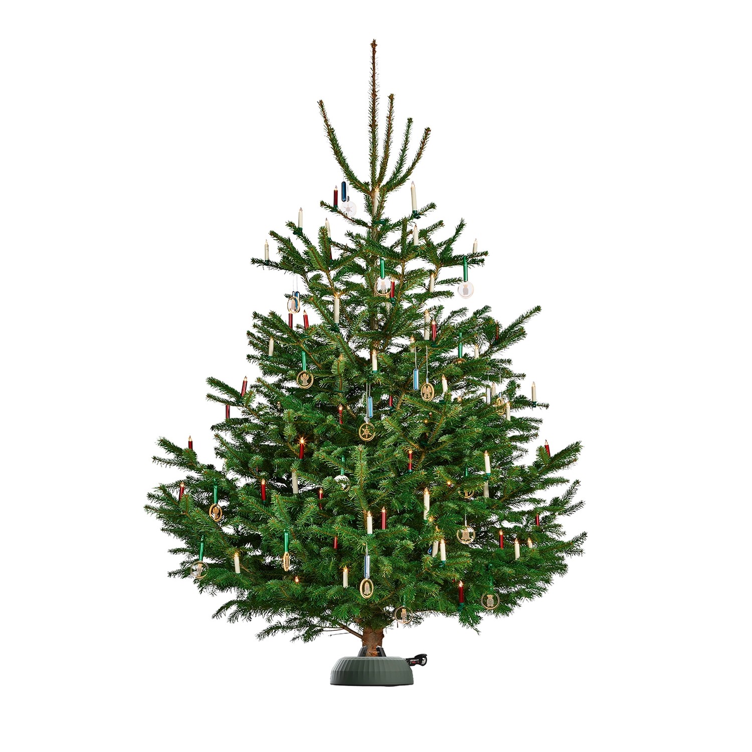 Geschmückter Weihnachtsbaum im Krinner Christbaumständer X-320 Deluxe mit Wasserstandsanzeige.