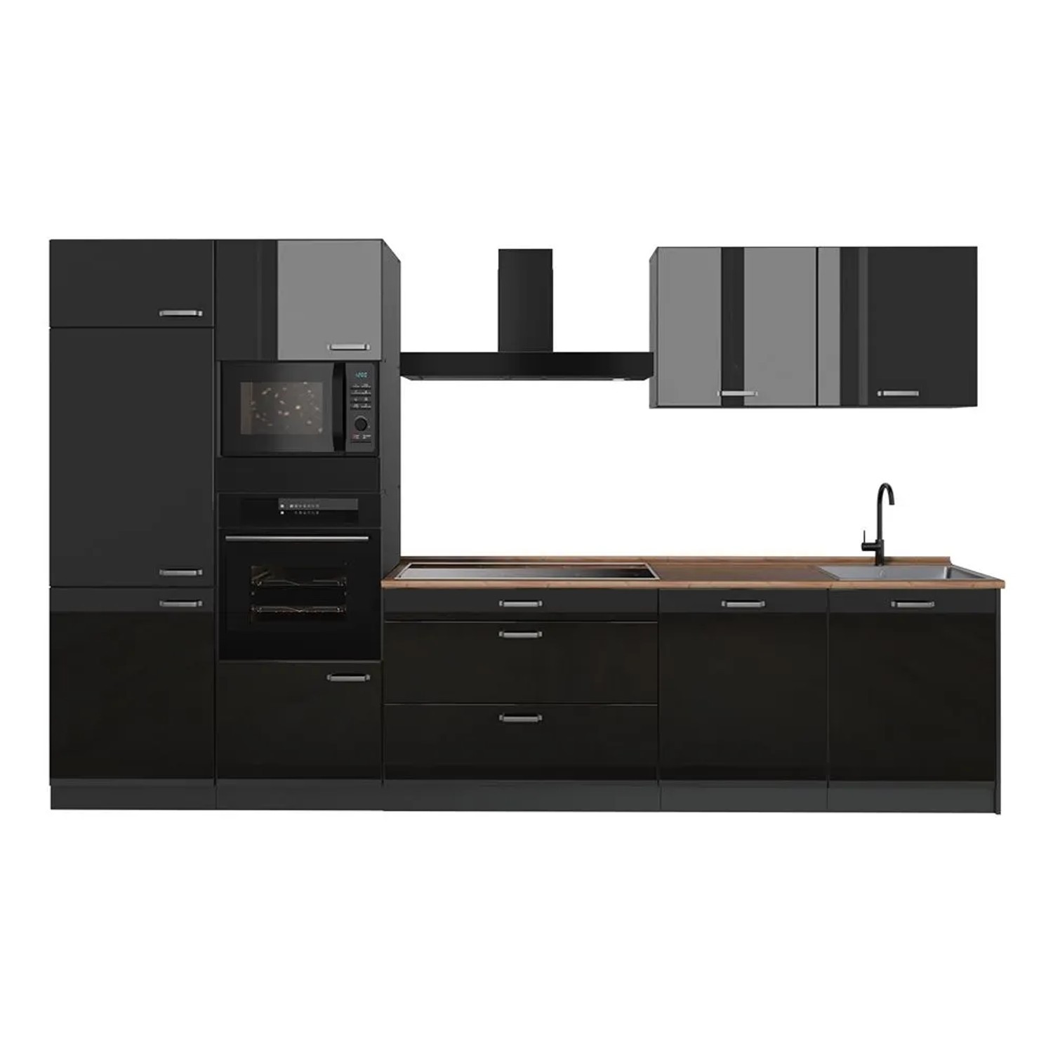 Vicco Küchenzeile R-Line Schwarz Hochglanz/Anthrazit 340 x 207 Arbeitsplatte Goldkraft Eiche Art Nr 66562
