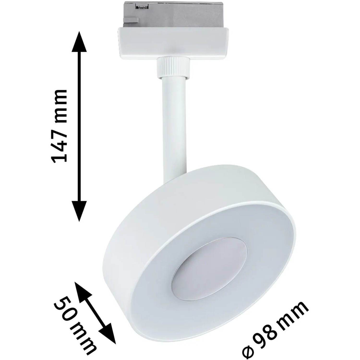 Weißer Paulmann Urail LED Schienenspot Circle mit Maßangaben für Schienensysteme.