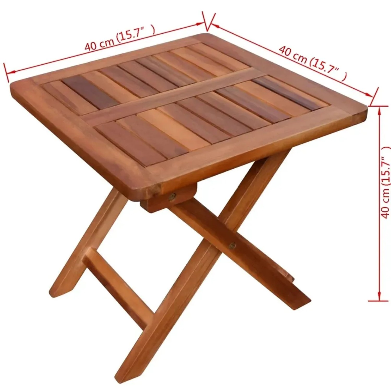 Quadratischer vidaXL Klapptisch aus Akazienholz, Teil des Sonnenliegen Sets.