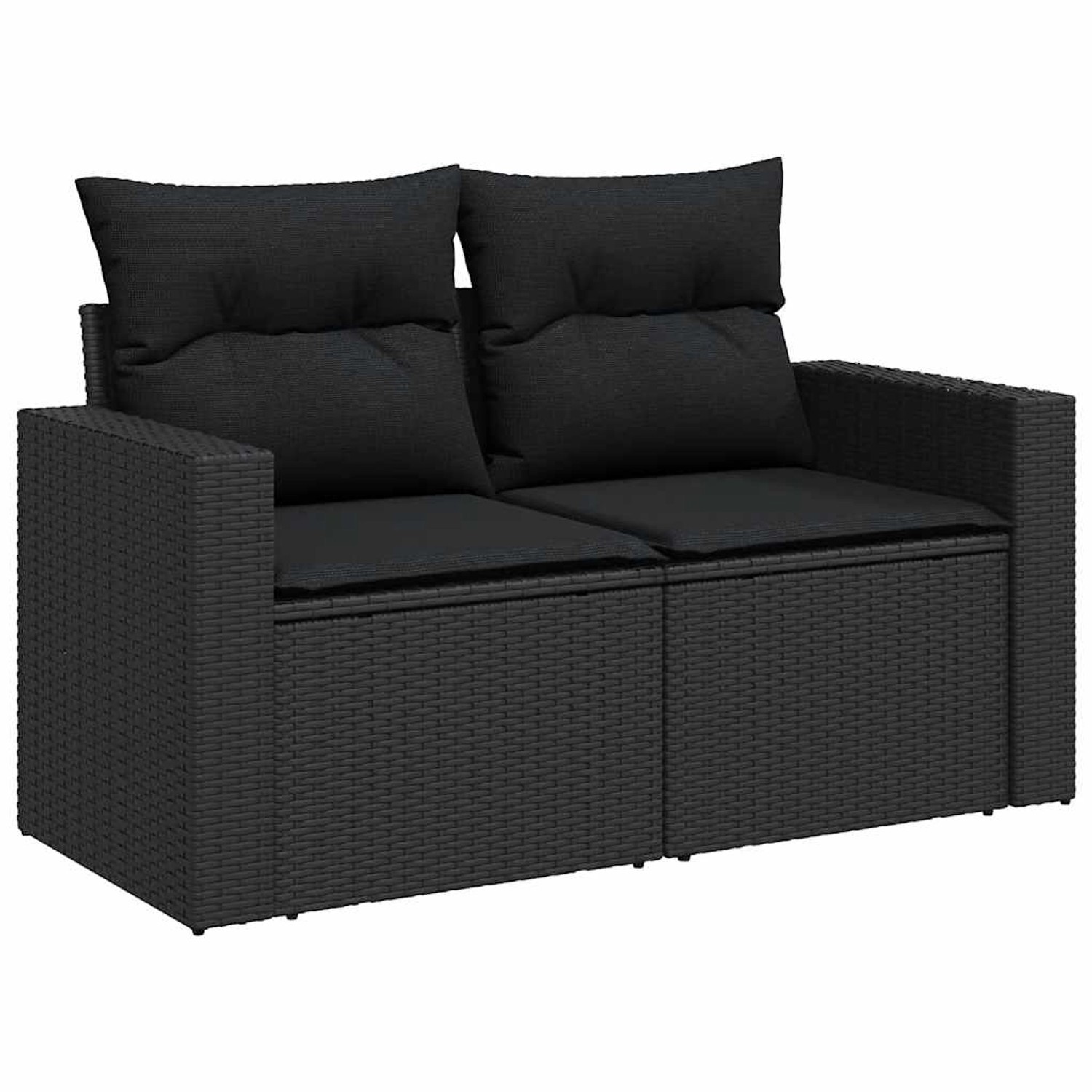 Schwarze 2-Sitzer Garten-Sofagarnitur aus Poly Rattan mit Kissen.