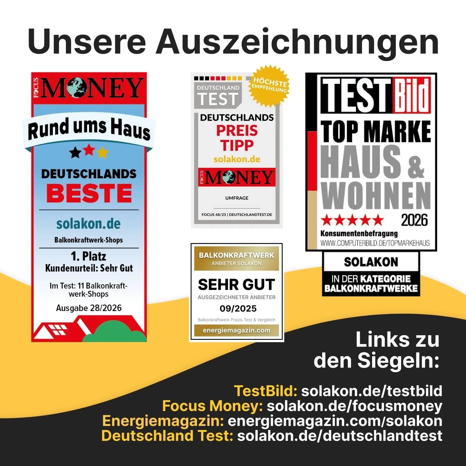 Solakon Auszeichnungen: Testsieger, Preis Tipp & Top Marke für Balkonkraftwerke und Solaranlagen. Mehrere Siegel.