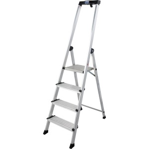 Krause Stehleiter Safety Plusline mit 4 Stufen, Aluminiumleiter mit Sicherheitsbügel.