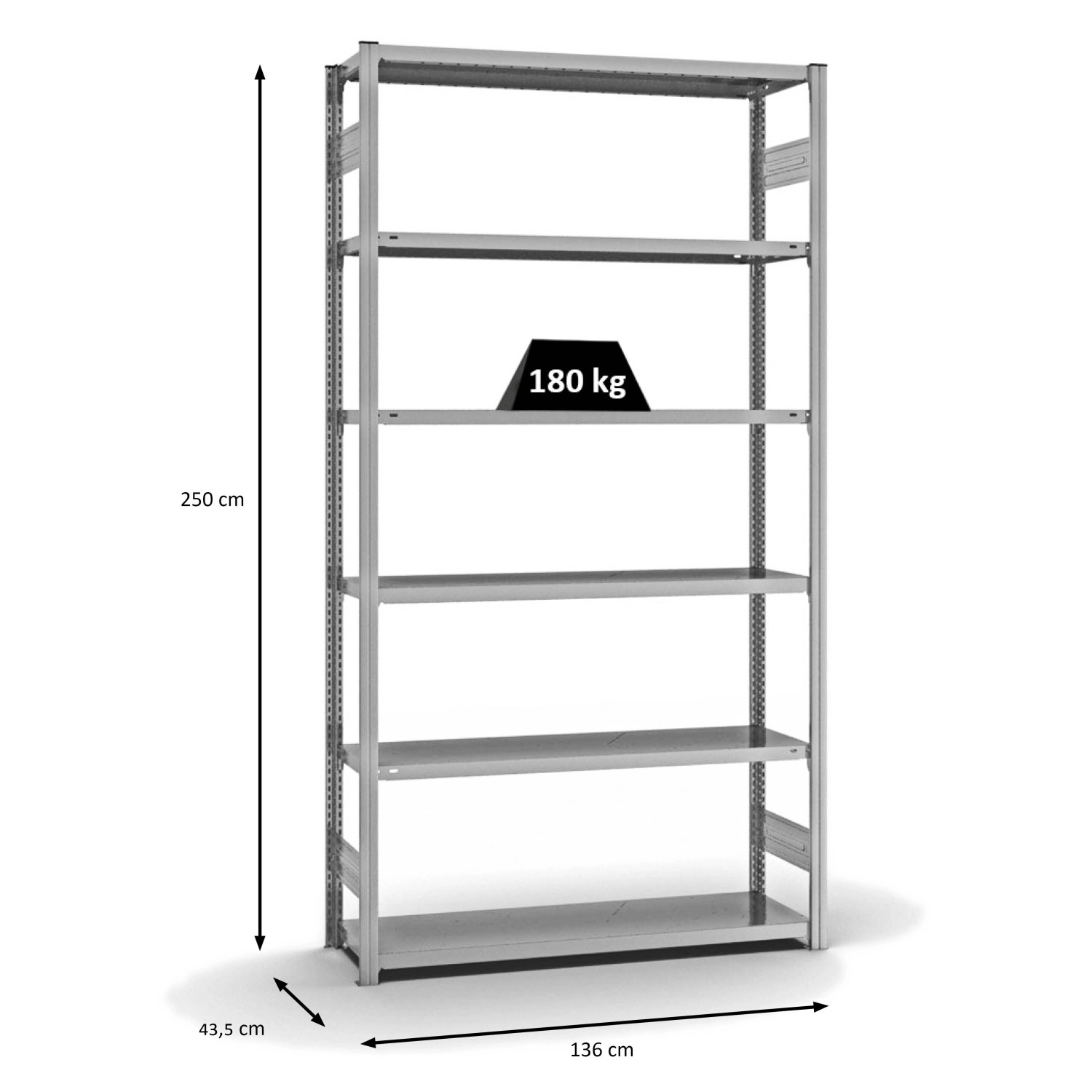 Verzinktes PROREGAL Fachbodenregal mit 6 Ebenen, 250x130x40 cm, Fachlast 180 kg, beidseitig nutzbar.