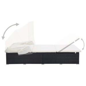 Schwarze 2-Personen-Sonnenliege aus Poly Rattan mit verstellbarem Dach und cremeweißer Auflage.