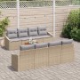 Beiges 9-teiliges vidaXL Garten-Sofa-Set aus Poly Rattan mit Kissen und Tisch.