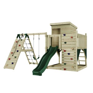 PolarPlay Spielturm Freja mit Schaukel und Rutsche. Spielanlage aus Holz mit Kletterwand und Netz.
