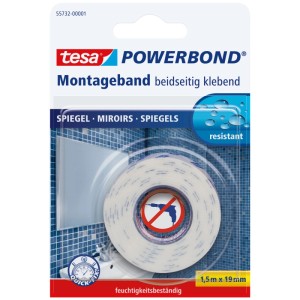 Tesa Powerbond Montageband Mirror, doppelseitig klebend, 1,5m x 19mm, feuchtigkeitsbeständig für Spiegel.