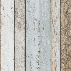 Landhaus Tapete in Holzoptik (Blau, Braun, Beige). Dekorative Papiertapete mit matter Oberfläche.