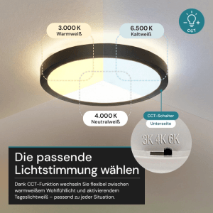 Runde, schwarze LUXULA LED Panel Deckenleuchte mit CCT-Funktion für warmweißes bis kaltweißes Licht.