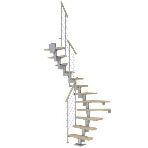 Dolle Mittelholmtreppe Dublin, Ahorn/Perlgrau, 1/2 gewendelt, mit Edelstahlgeländer und Holzhandlauf.
