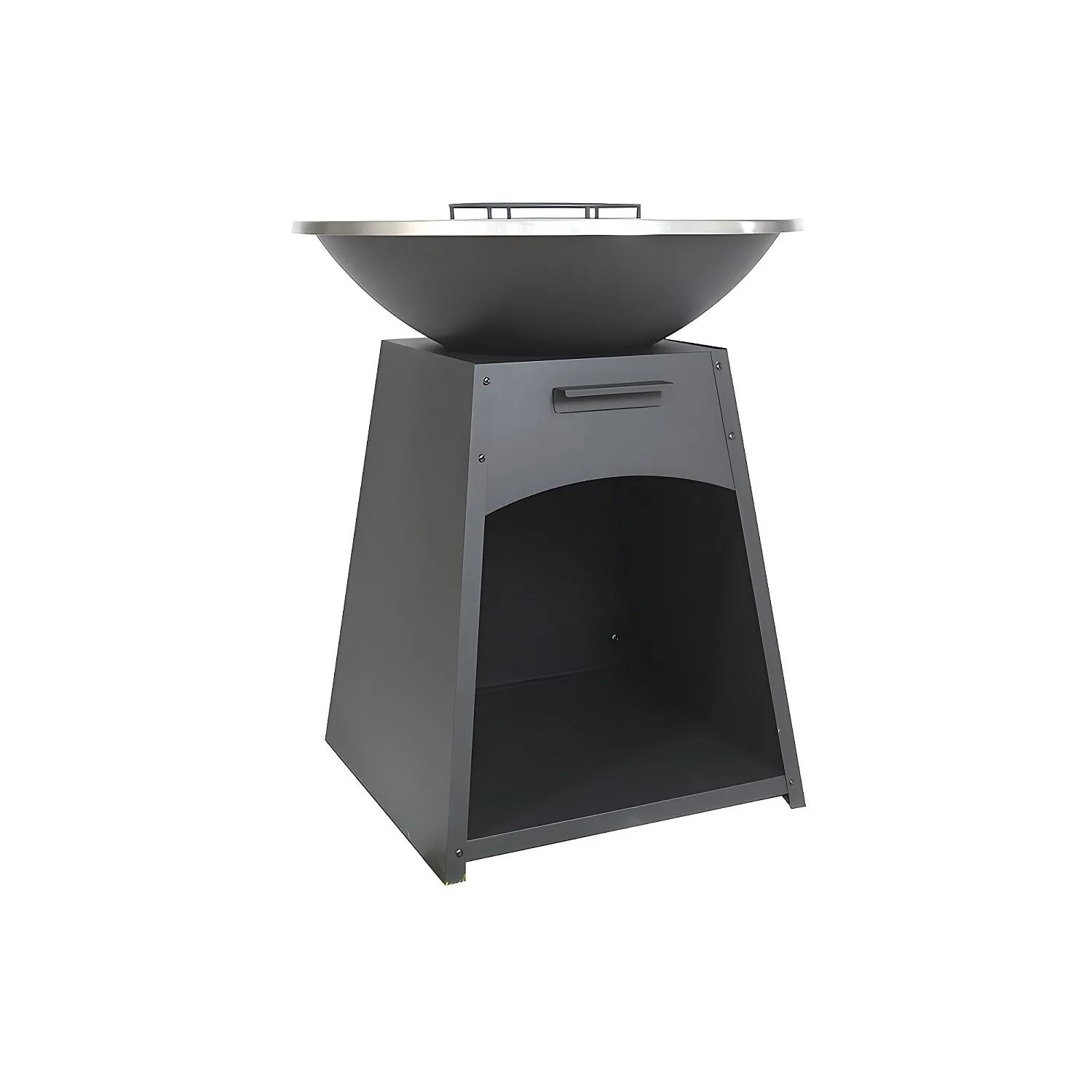Schwarzer Vente-unique Grill Corvera aus Stahl mit runder Plancha und Ablagefach.