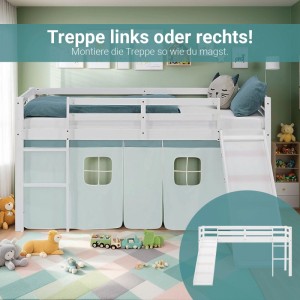 Weißes Kinder Hochbett 90x200 aus Kiefernholz mit Rutsche, Leiter & mintgrünem Vorhang. Leiter/Rutsche beidseitig montierbar.