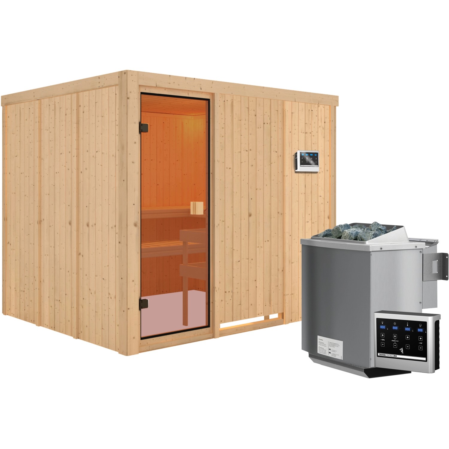 Karibu Sauna Nybro inkl. 9 kW Bio-Ofen mit ext. Strg., Glastür Bronziert