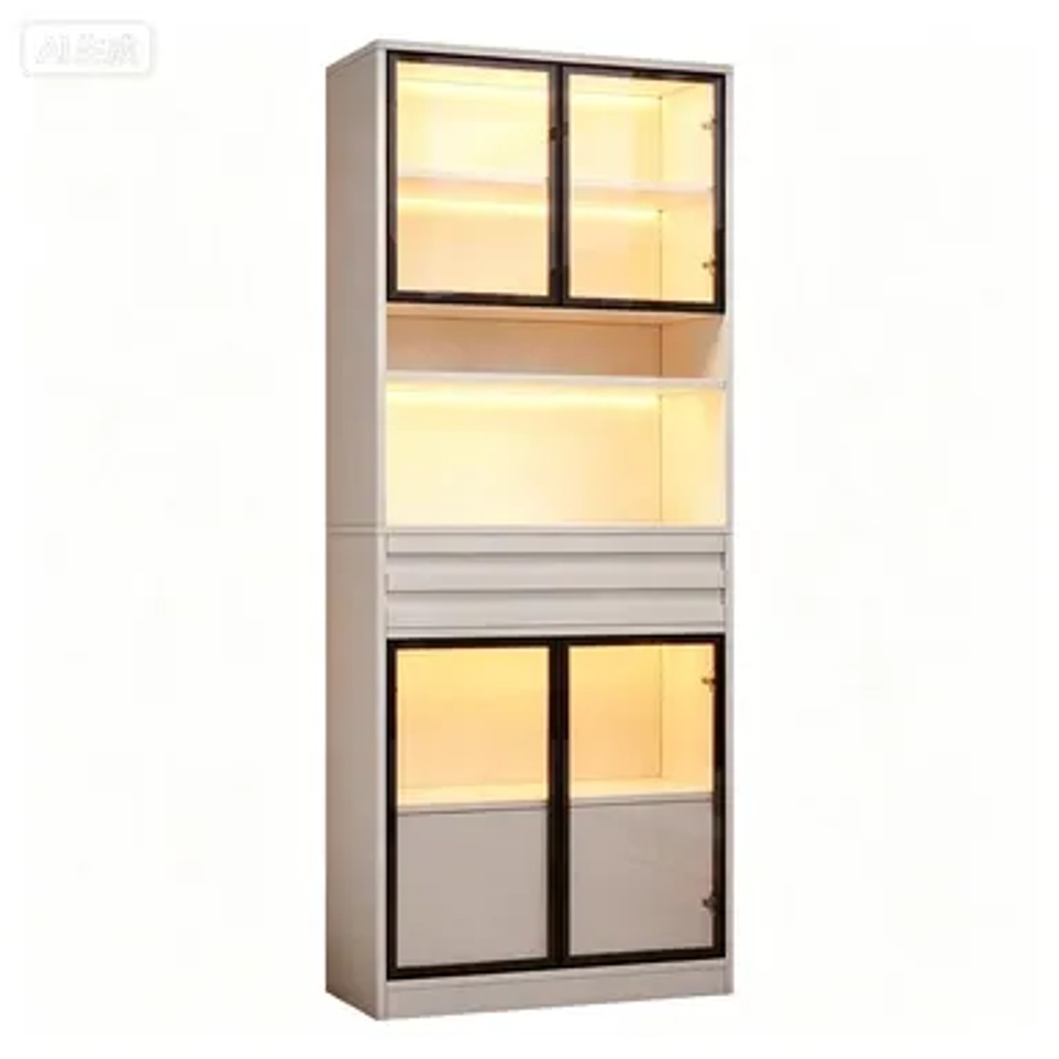Merax Vitrine mit RGB LED 4 Glastüren Schublade Weiß