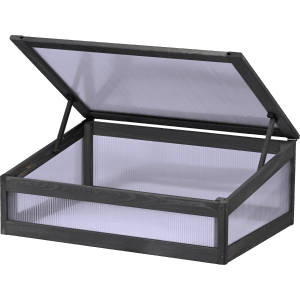 Dobar Frühbeetaufsatz Magic Kubus 2.0, anthrazit, für Holz-Hochbeete. Aufsatz mit geöffnetem Deckel.