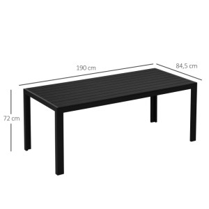Schwarzer Outsunny Gartentisch aus Aluminium und Polyholz, Lattenplatte, 190x84,5x72cm. Robuster Esstisch.