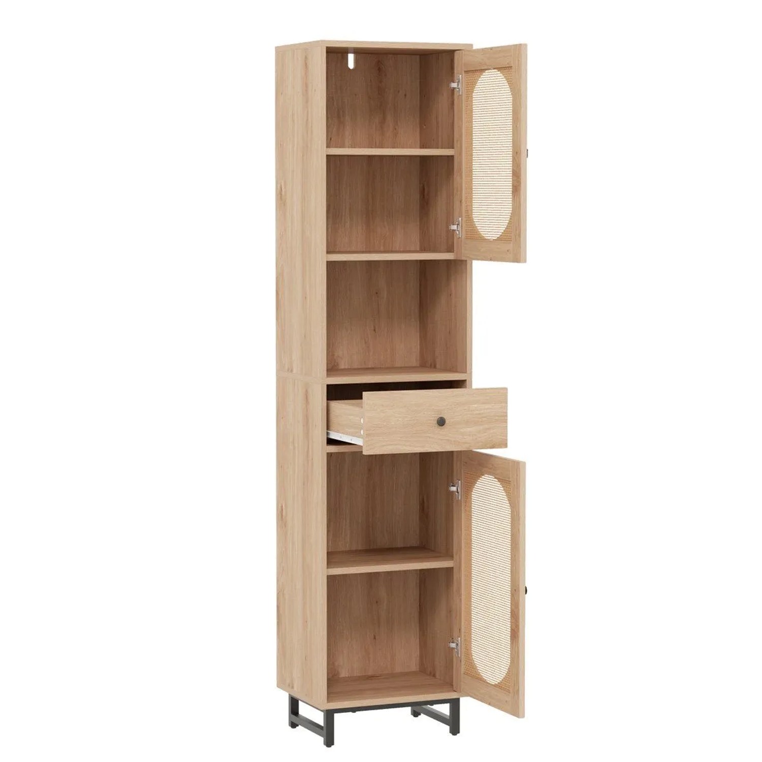 Costway Badezimmerschrank Rattan mit Schublade & Verstellbaren Regalen