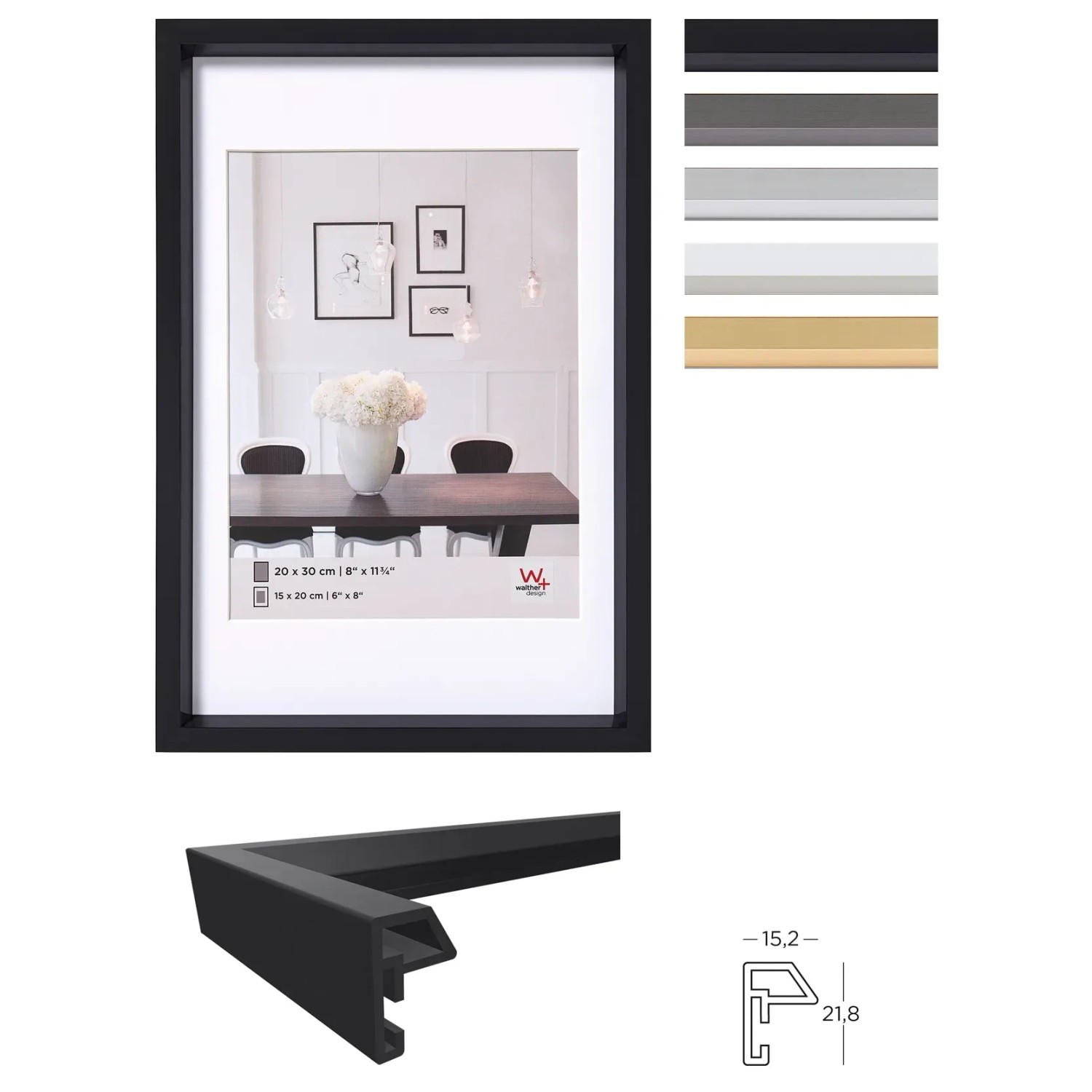 Walther Design Steel Style Bilderrahmen 50x70 cm, Stahl, Kunststoff, mit Profilansicht und Farbvarianten.