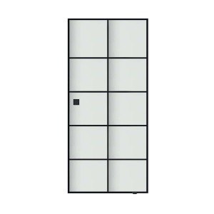 Glasschiebetür mit satiniertem Siebdruck und schwarzem Rahmen.