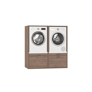 Waschturm Waschmaschinenschrank Twin Collection 4.1 in Eiche-Optik mit Fächern für Waschmaschine, Trockner und Schubladen.