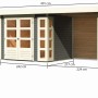 Karibu Holz-Gartenhaus Sölve terragrau mit Flachdach und Maßangaben.