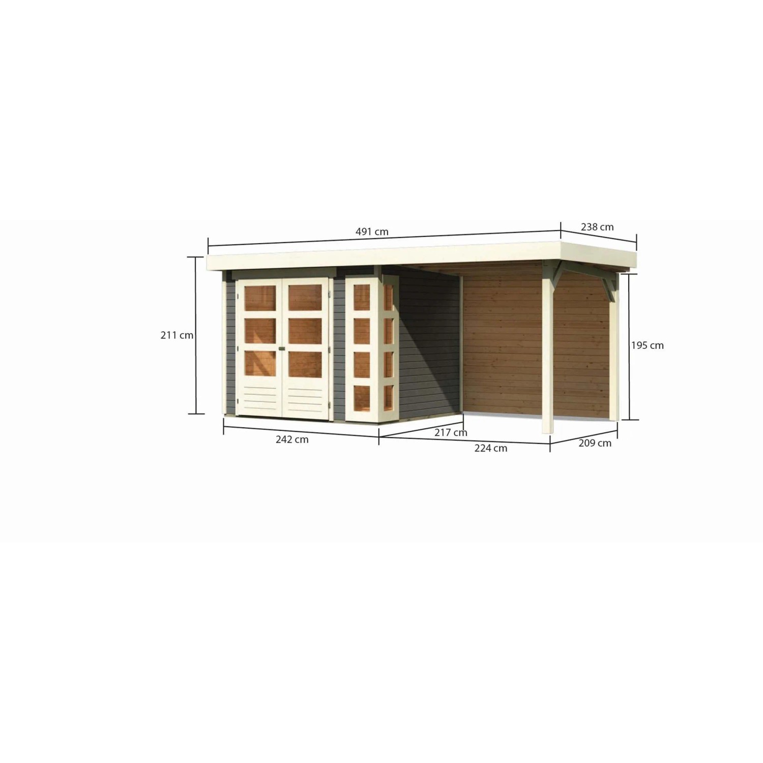 Karibu Holz-Gartenhaus Sölve terragrau mit Flachdach und Maßangaben.